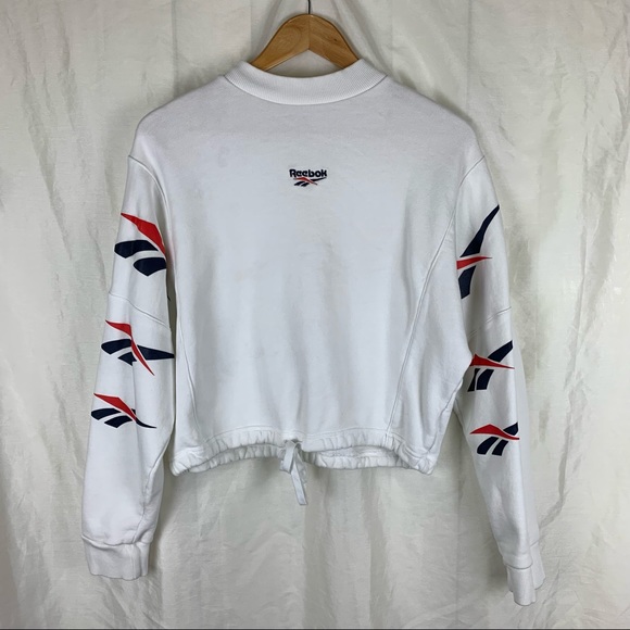 Reebok Cropped Logo Tie Front Sweater in White Multi - Picture 2 of 8